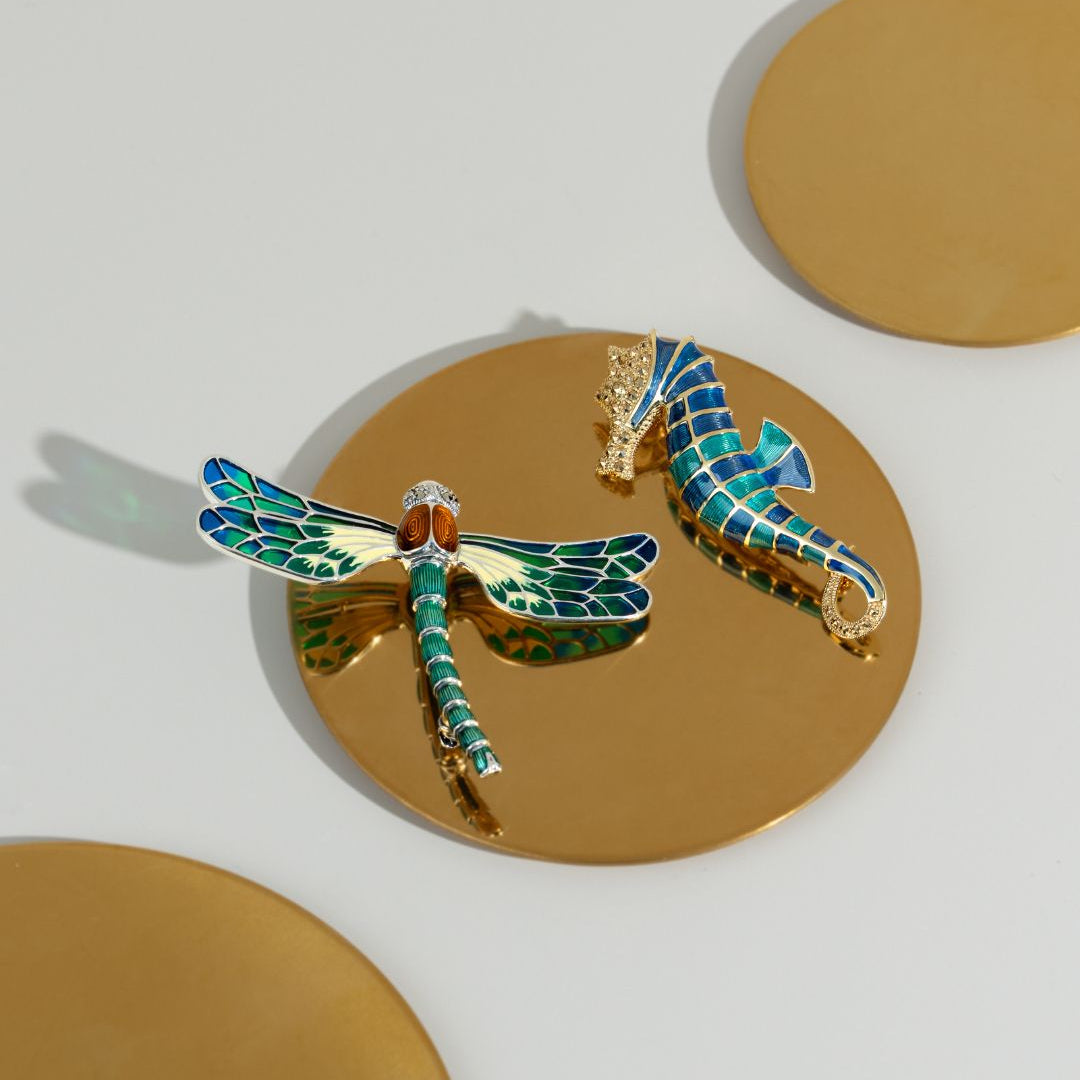 Marcasite & Enamel Seahorse Brooch in 18ct Gold Plated Silver