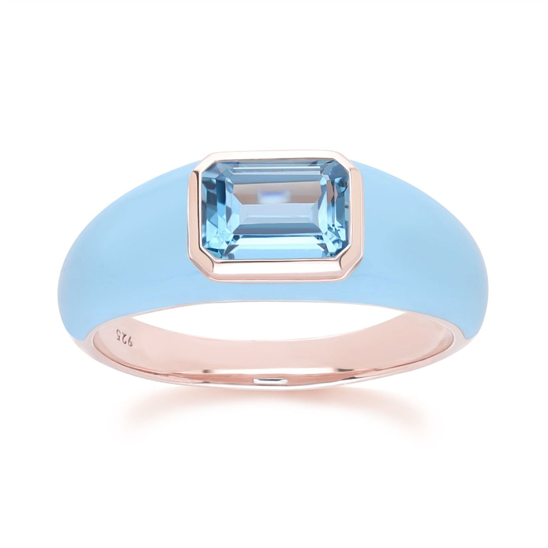 Siberian Waltz Blue Enamel & Octagon Sky Blue Topaz Ring In Rose Gold Vermeil