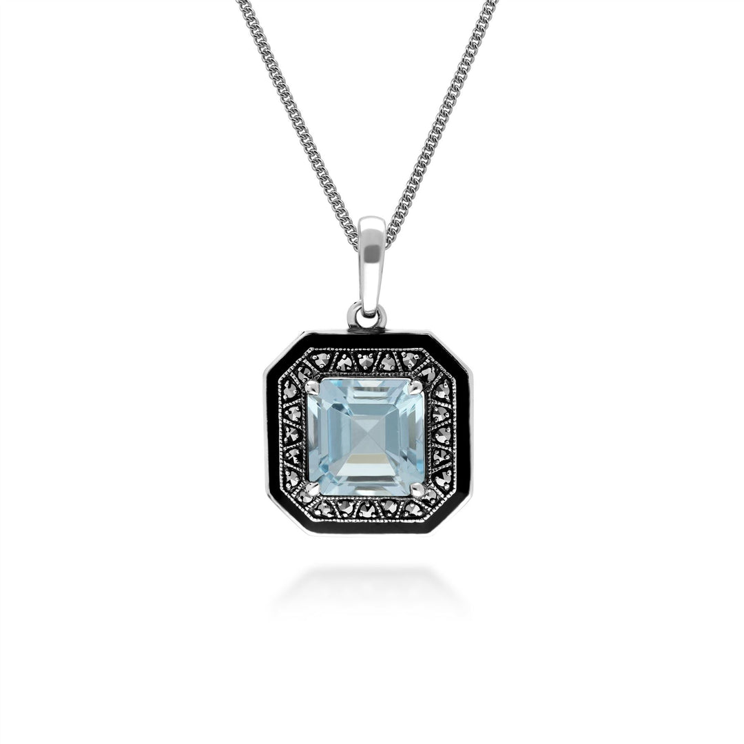Art Deco Inspired Square Cut Blue Topaz & Marcasite Pendant