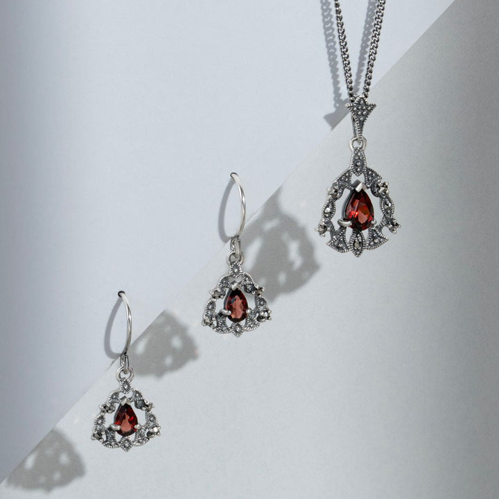 Art Nouveau Style Pear Garnet & Marcasite Garland Pendant in Silver