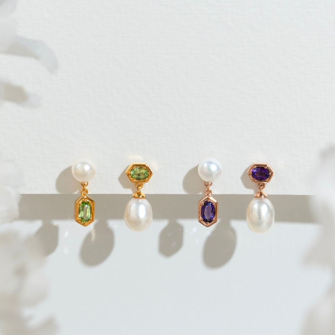 Modern Pearl & Peridot Mismatched Drop Earrings in Gold Plated Silver