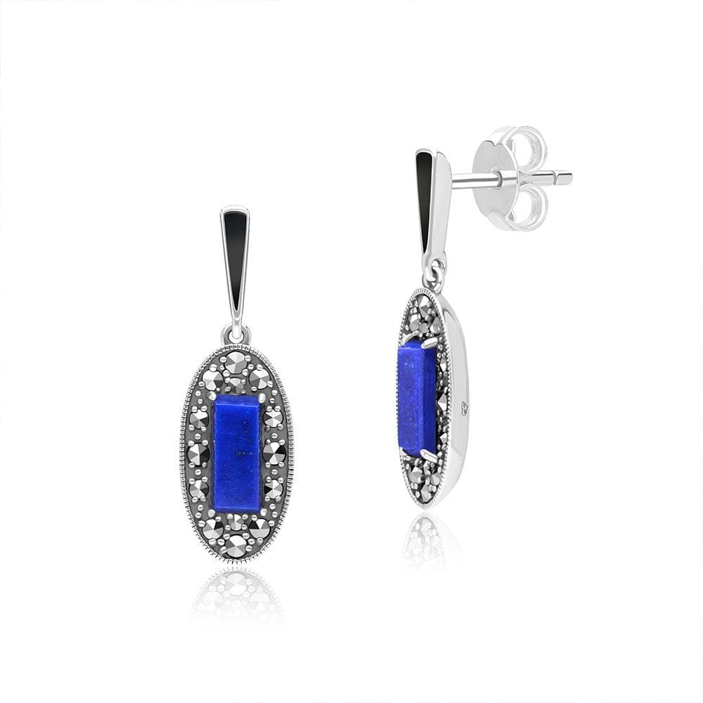 Art Deco Style Oval Lapis Lazuli, Marcasite and Black Enamel Drop Earrings in Sterling Silver 214E936401925 