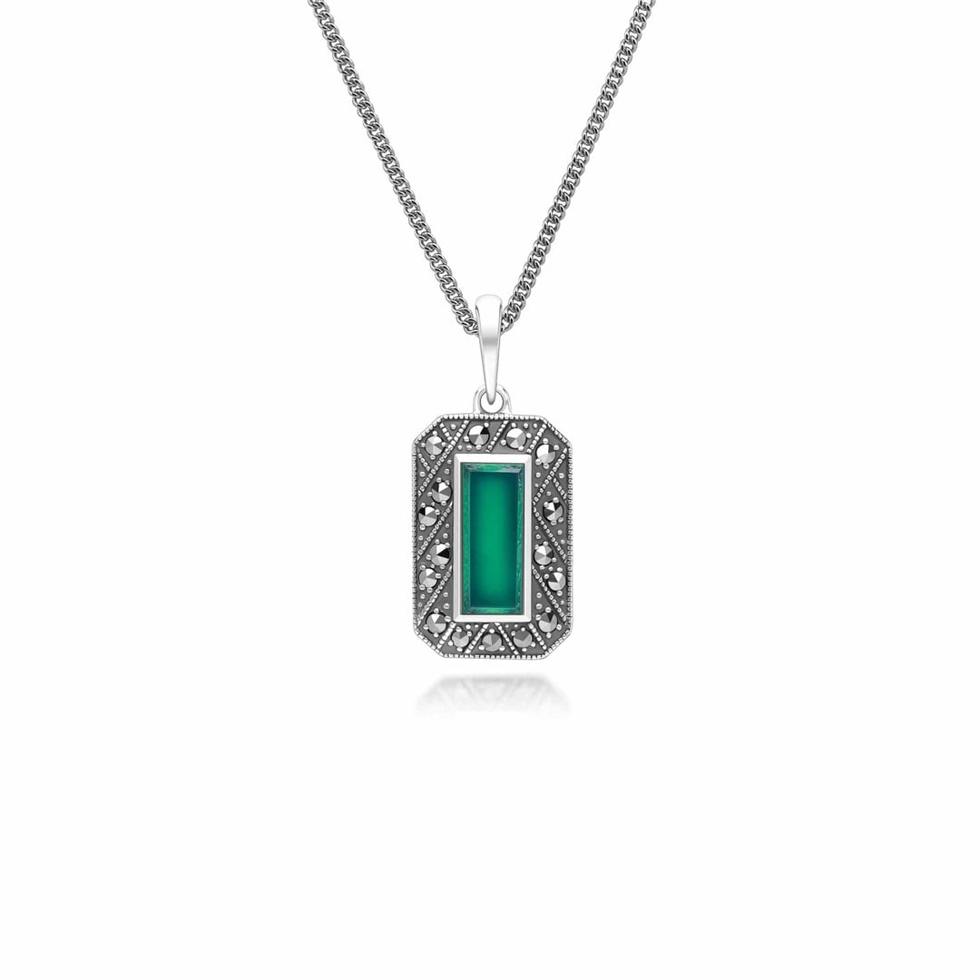 Art Deco Style Rectangle Chalcedony and Marcasite Pendant Necklace in Sterling Silver 214P334001925