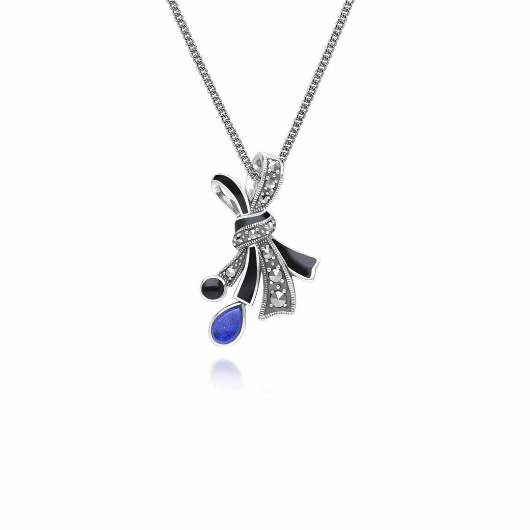 Art Nouveau Style Marcasite, Lapis Lazuli and Black Enamel Ribbon Bow Pendant Necklace in Sterling Silver 214P333702925