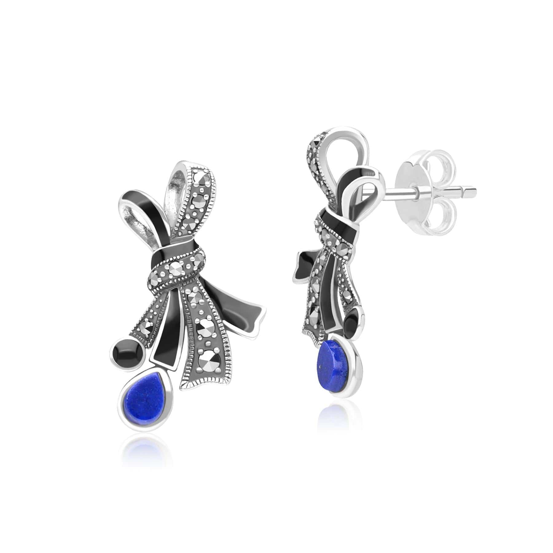 Art Nouveau Style Marcasite, Lapis Lazuli and Black Enamel Ribbon Bow Stud Earrings in Sterling Silver 214E935802925 