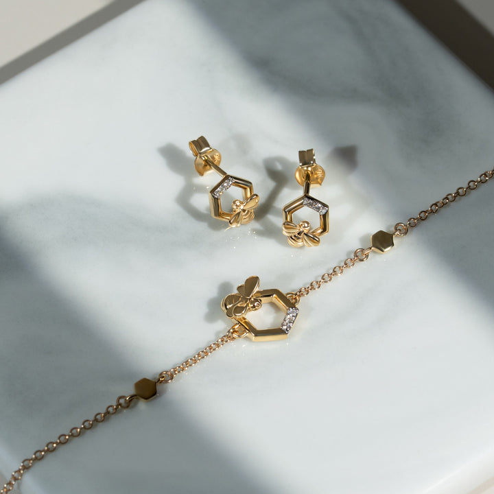 Honeycomb Inspired Diamond Hexagon Bee Earrings in 9ct Yellow Gold