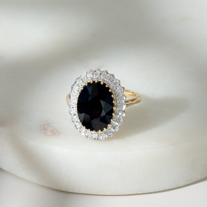 Classic Dark Sapphire & Diamonds Luxe Ring in 9ct Gold