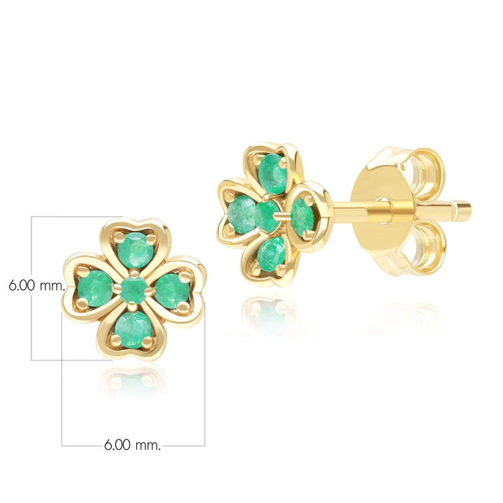 Gardenia Round Emerald Clover Stud Earrings in 9ct Yellow Gold