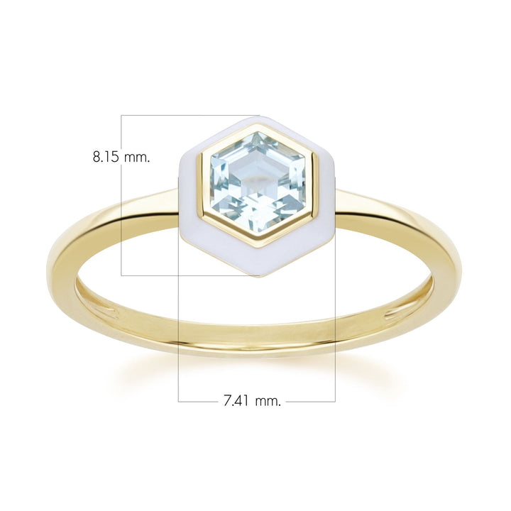 Geometric Hex Blue Topaz and White Enamel Ring in Gold Plated Sterling Silver Dimensions