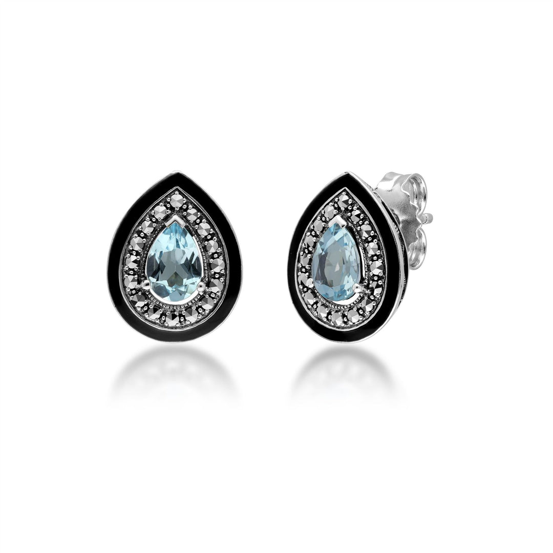 Art Deco Inspired Pear Cut Blue Topaz & Marcasite Stud Earrings