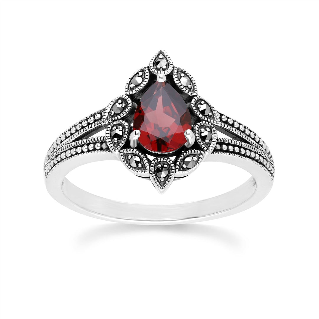 Art Deco Style Pear Garnet & Marcasite Ring in Sterling Silver