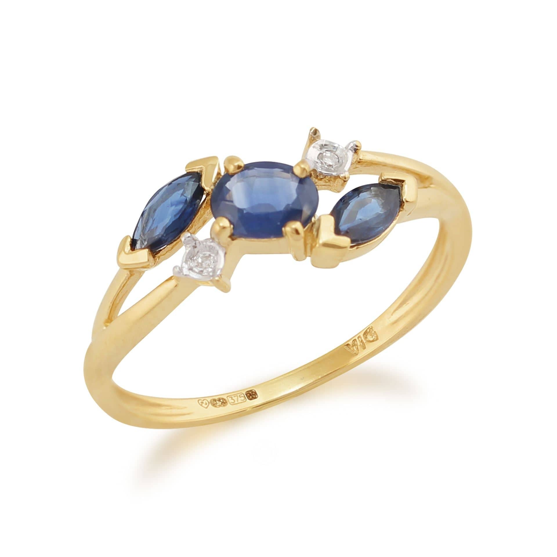25343 Contemporary Marquise Light Blue Sapphire & Diamond Three Stone Ring in 9ct Yellow Gold 2