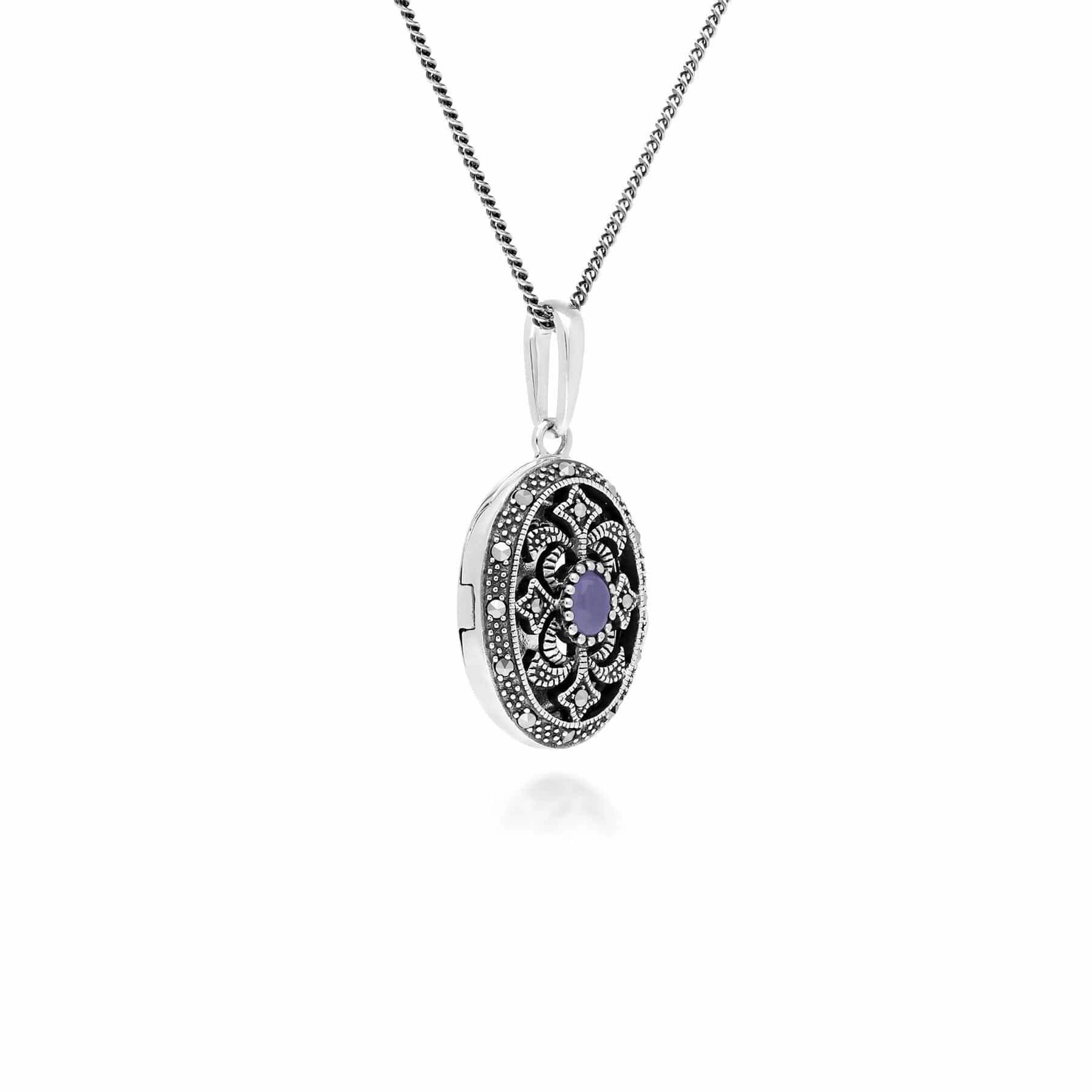 214N716211925 Art Nouveau Style Oval Dyed Purple Jade & Marcasite Locket Necklace in 925 Sterling Silver 2