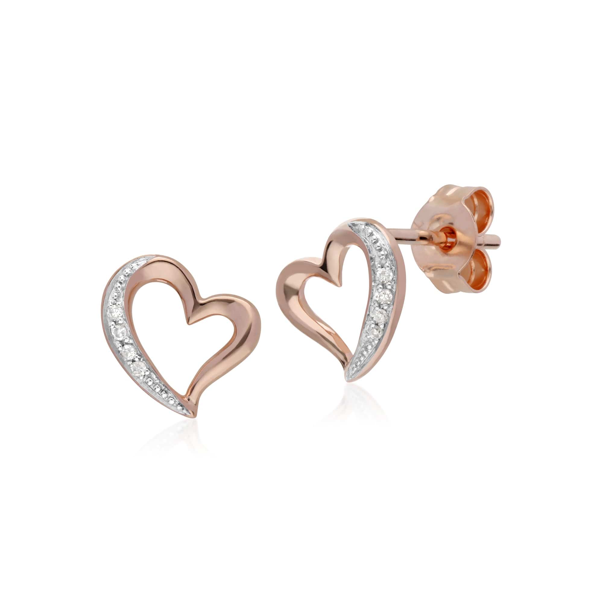 191E0386019 Classic Round Diamond Open Love Heart Stud Earrings in 9ct Rose Gold 1