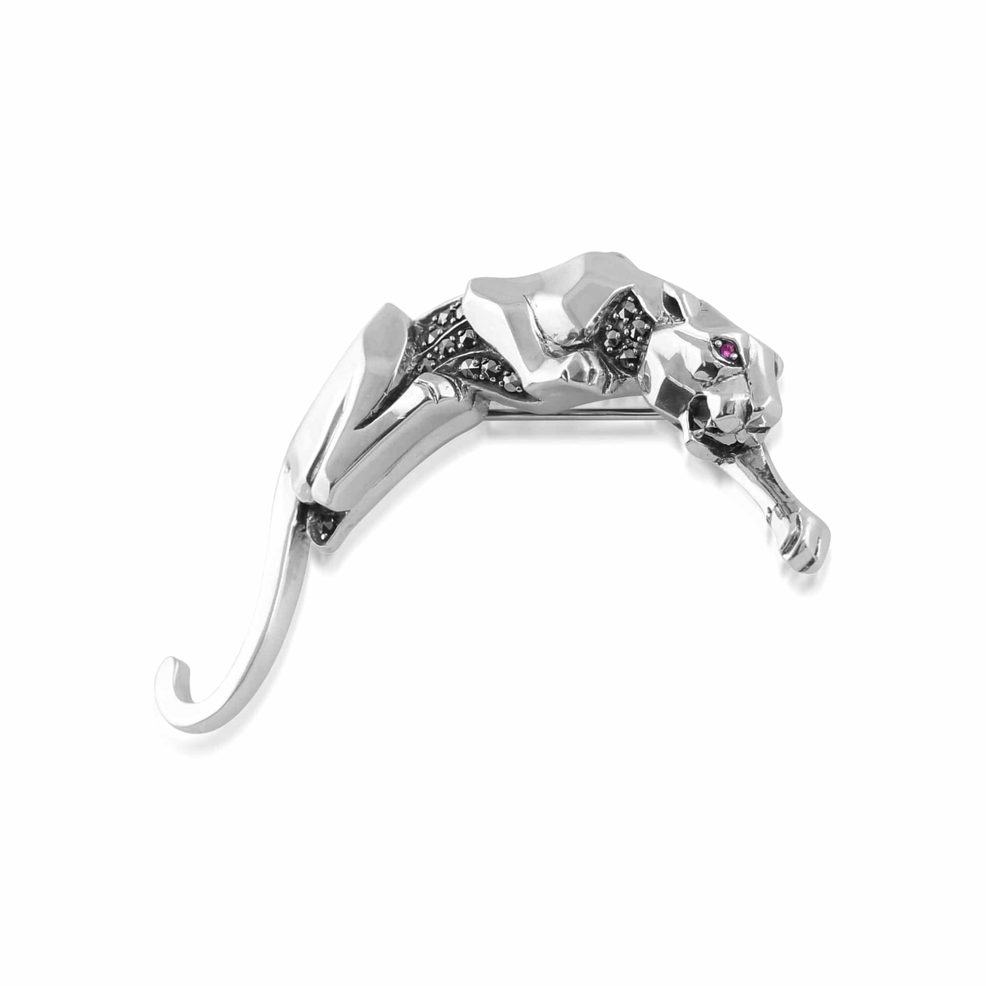 214C026701925 Art Deco Style Ruby & Marcasite Panther Brooch in Sterling Silver 2