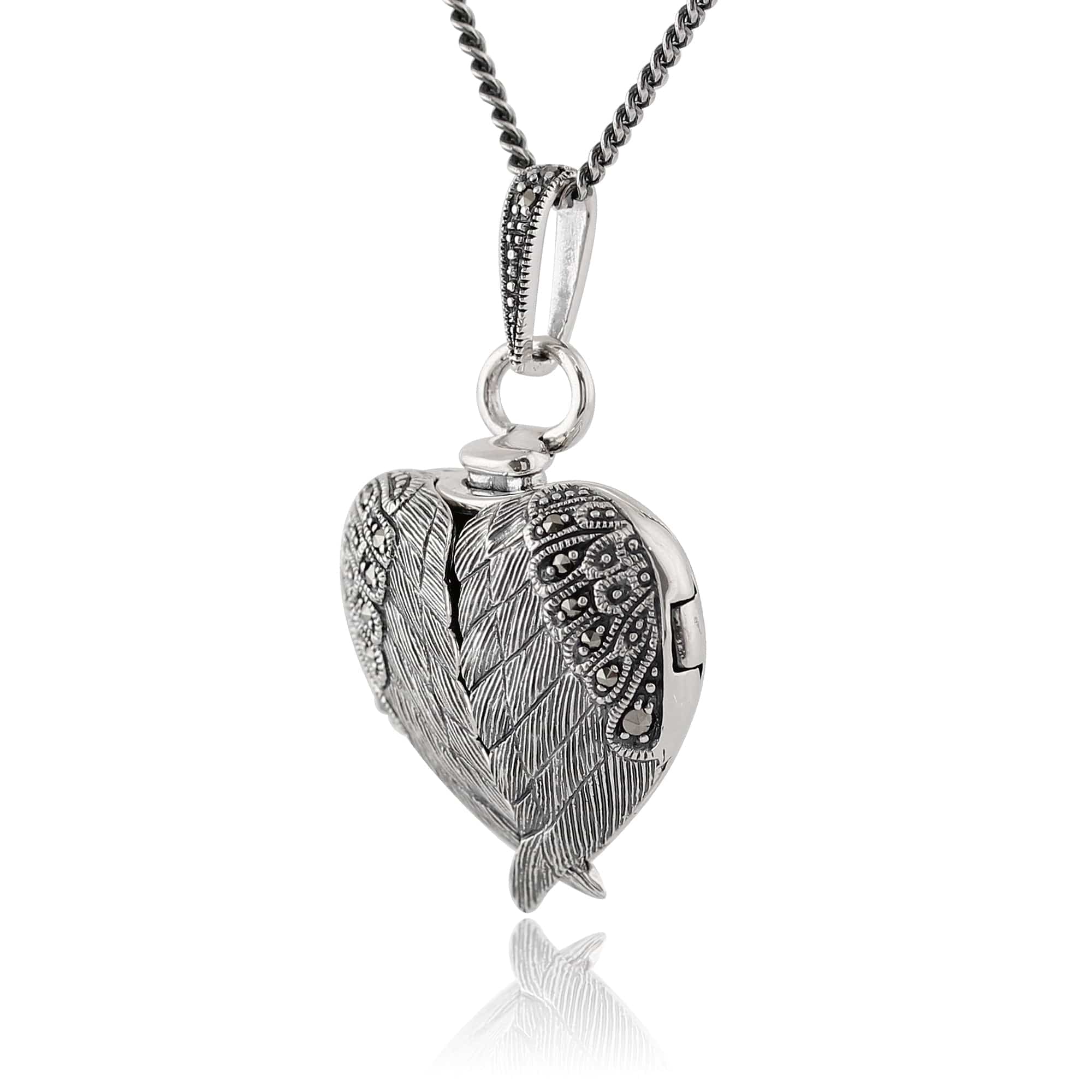 214N583601925 Art Nouveau Style Round Marcasite Angel Wing Heart Locket on Chain in 925 Sterling Silver 2
