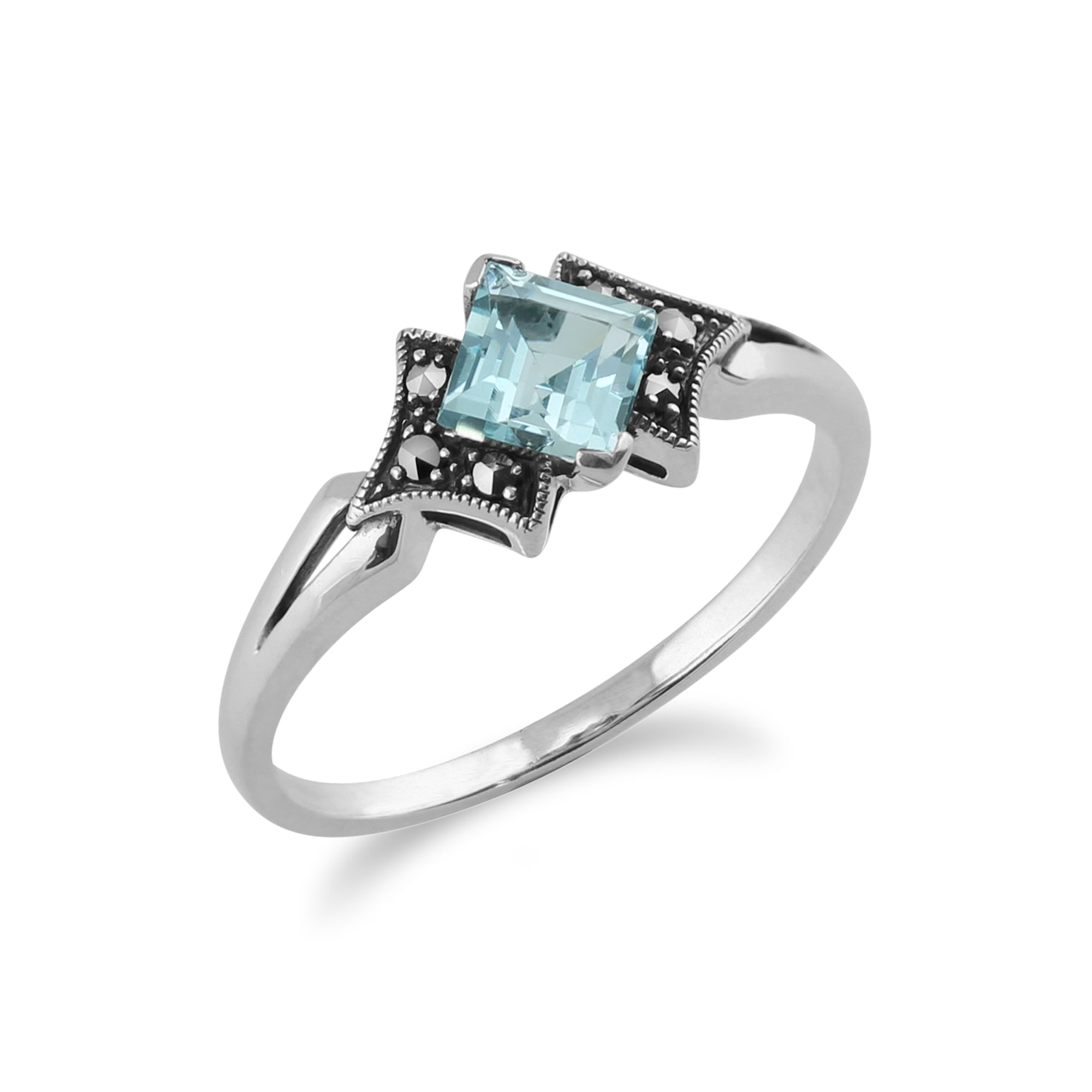 214R393301925 Art Deco Style Square Blue Topaz & Marcasite Ring in 925 Sterling Silver 2