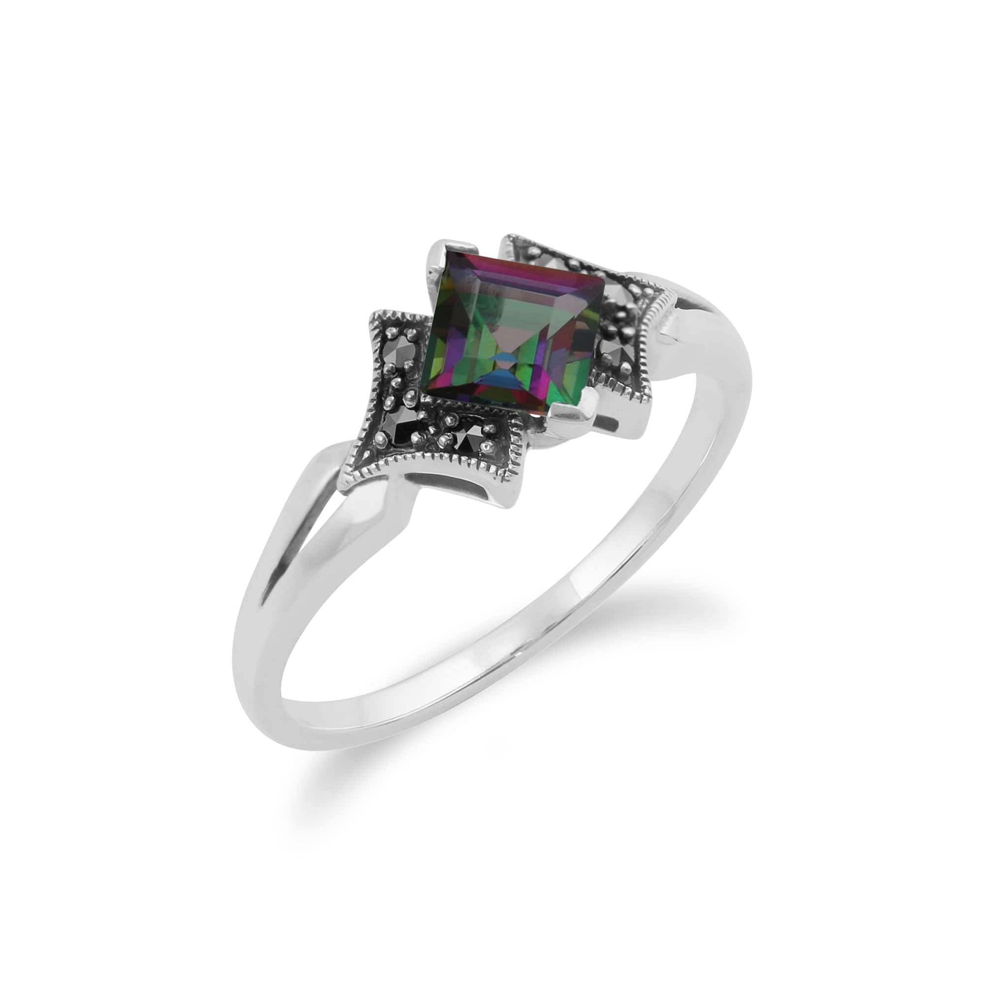 214R393305925 Art Deco Style Square Mystic Topaz & Marcasite Ring in 925 Sterling Silver 2