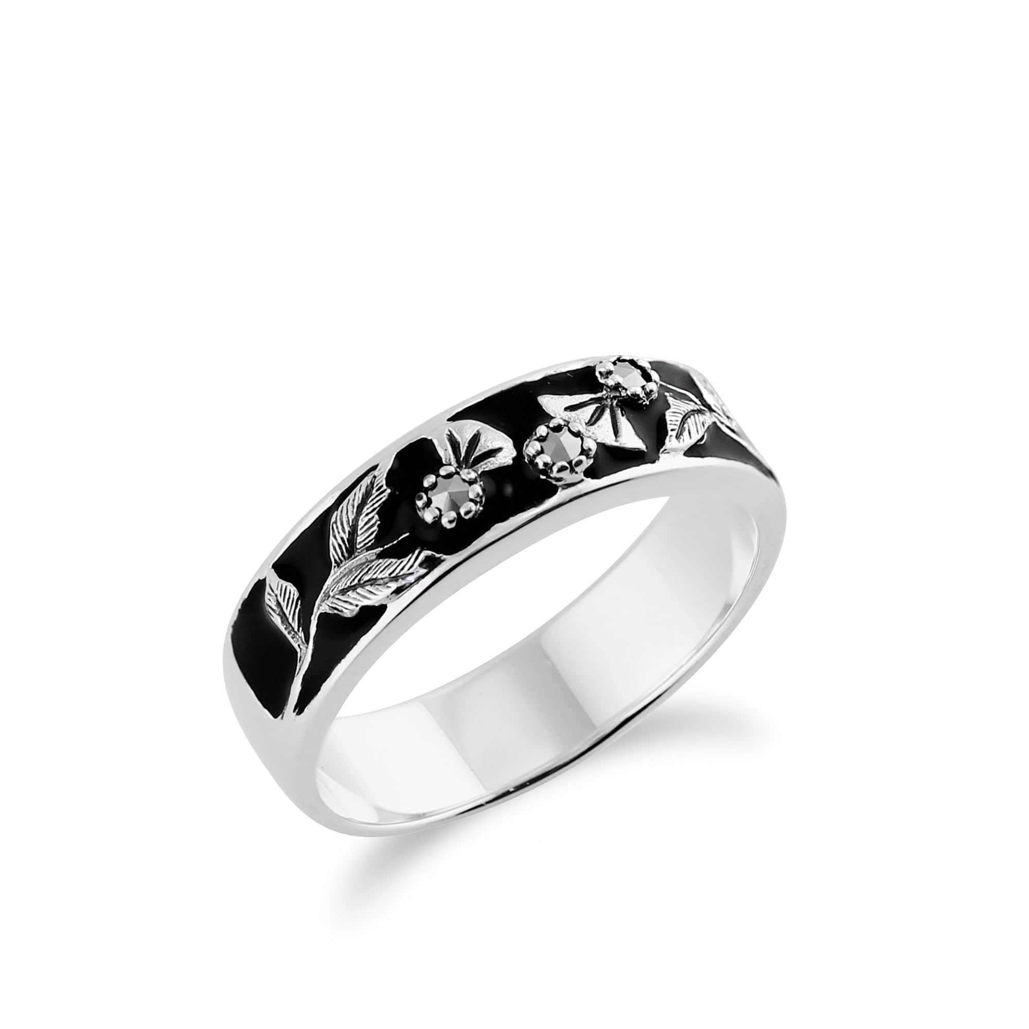 214R471402925 Floral Round Marcasite & Black Enamel Thisstle Band Ring in 925 Sterling Silver 2