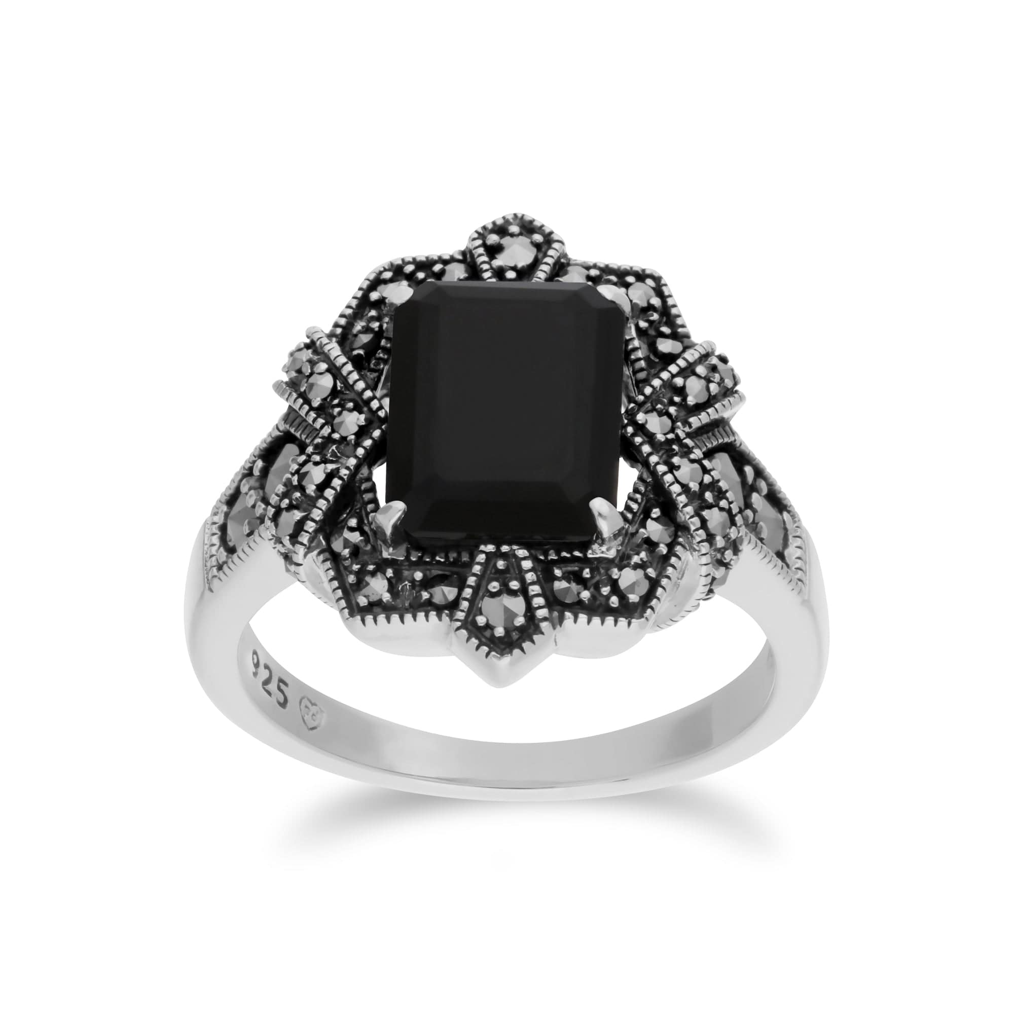 214R570807925 Art Deco Style Baguette Black Onyx & Marcasite Ring in 925 Sterling Silver 1