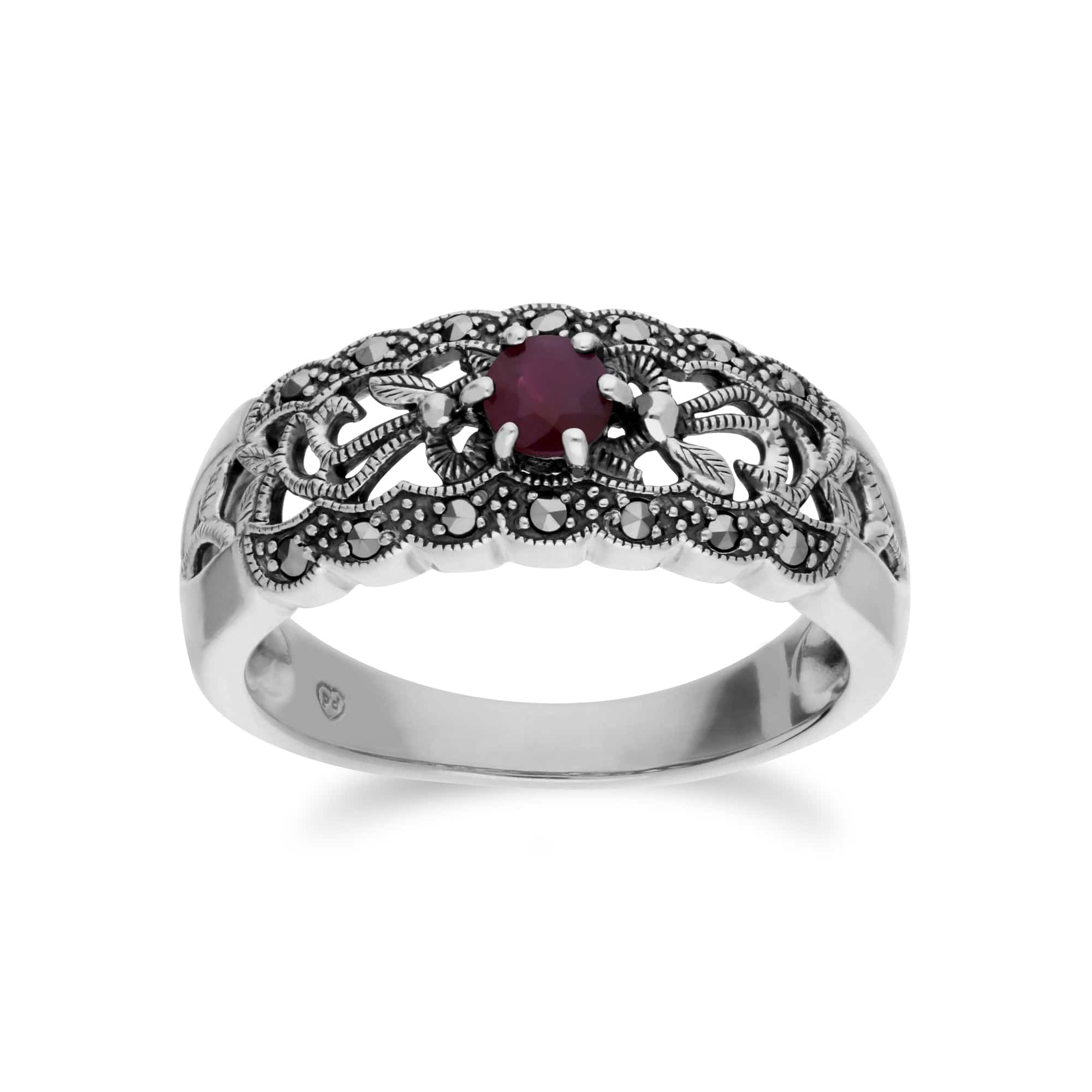 214R597705925 Art Nouveau Style Round Ruby & Marcasite Floral Band Ring in Sterling Silver 1