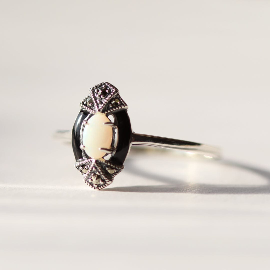 27089 Art Deco Style Oval Opal, Marcasite & Black Enamel Marquise Ring In Sterling Silver 2