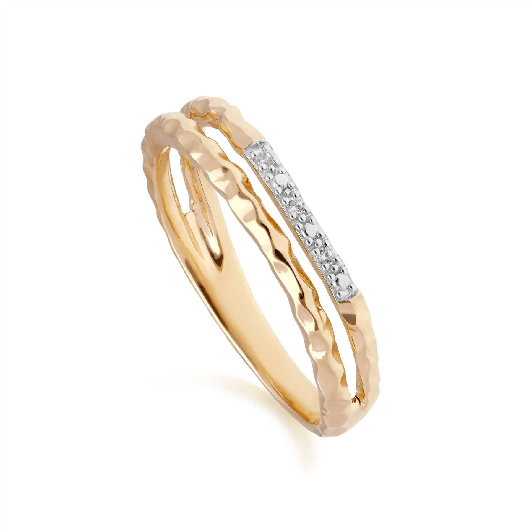 191R0909019 Diamond Pavé Hammered Double Band Ring in 9ct Yellow Gold 1