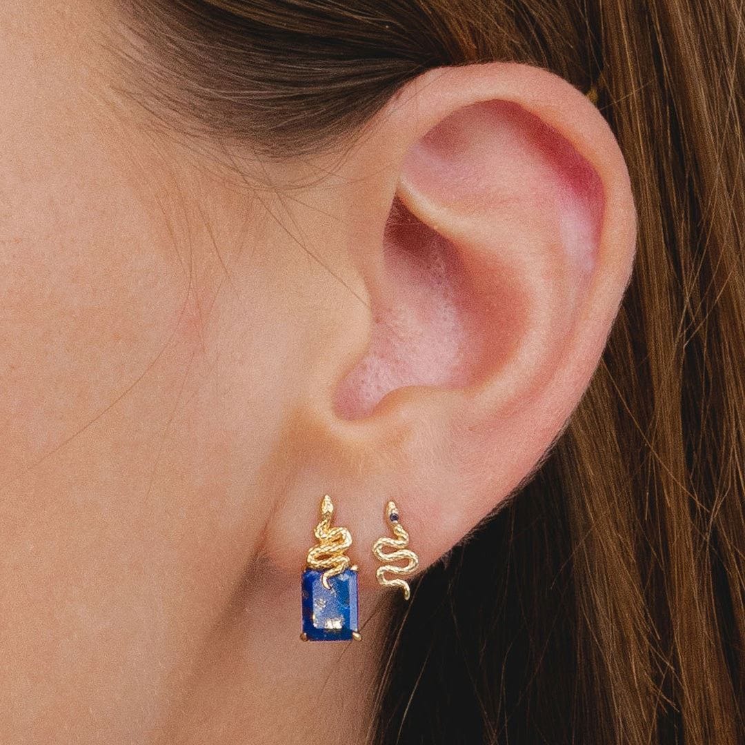 270E037102925 Grand Deco Lapis Lazuli Snake Stud Earrings in Gold Plated Sterling Silver On Model