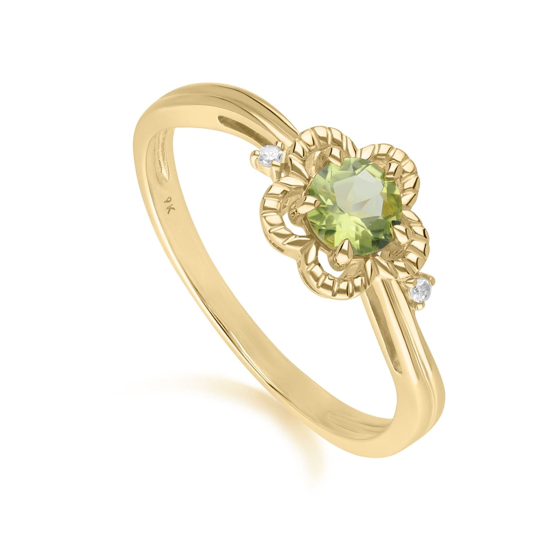135R2049029 Floral Round Peridot & Diamond Ring in 9ct Yellow Gold 1
