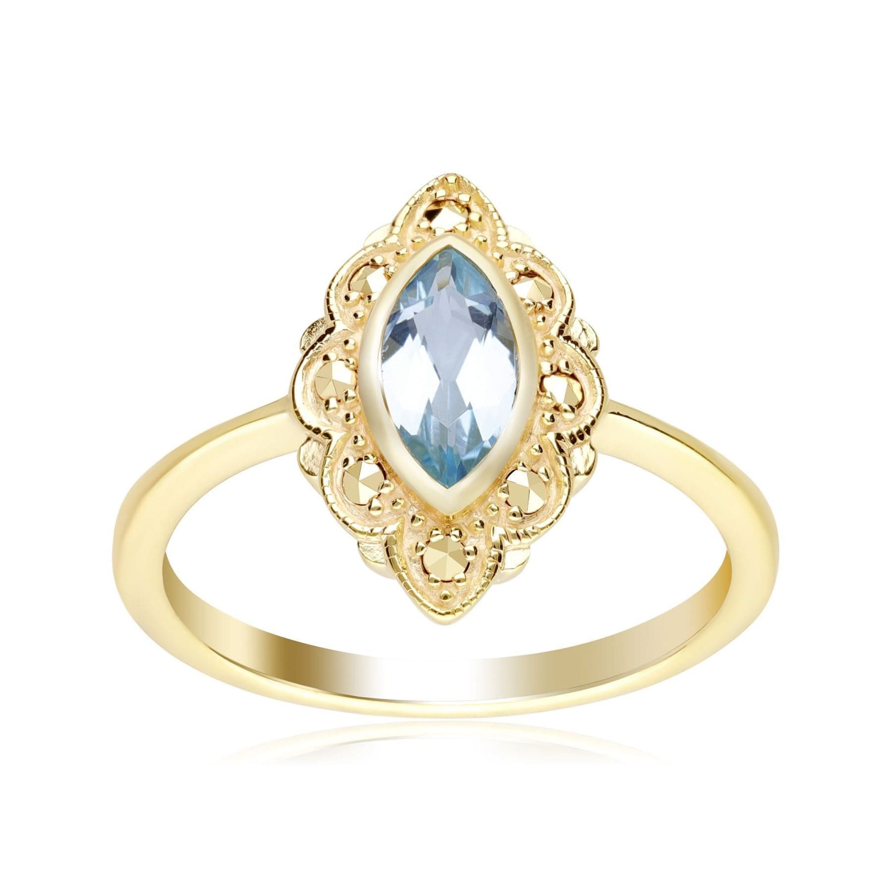 234R043601925 Art Nouveau Inspired Marquise Blue Topaz & Marcasite Ring in 18ct Gold Plated Silver 2