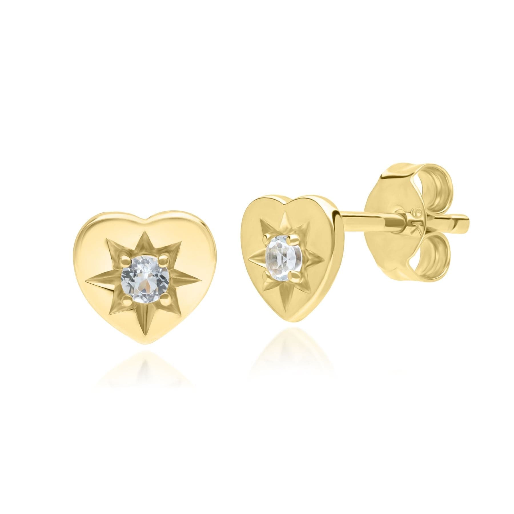 135E1820029 ECFEW™ 'The Liberator' Blue Topaz Heart Stud Earrings in 9ct Yellow Gold Front