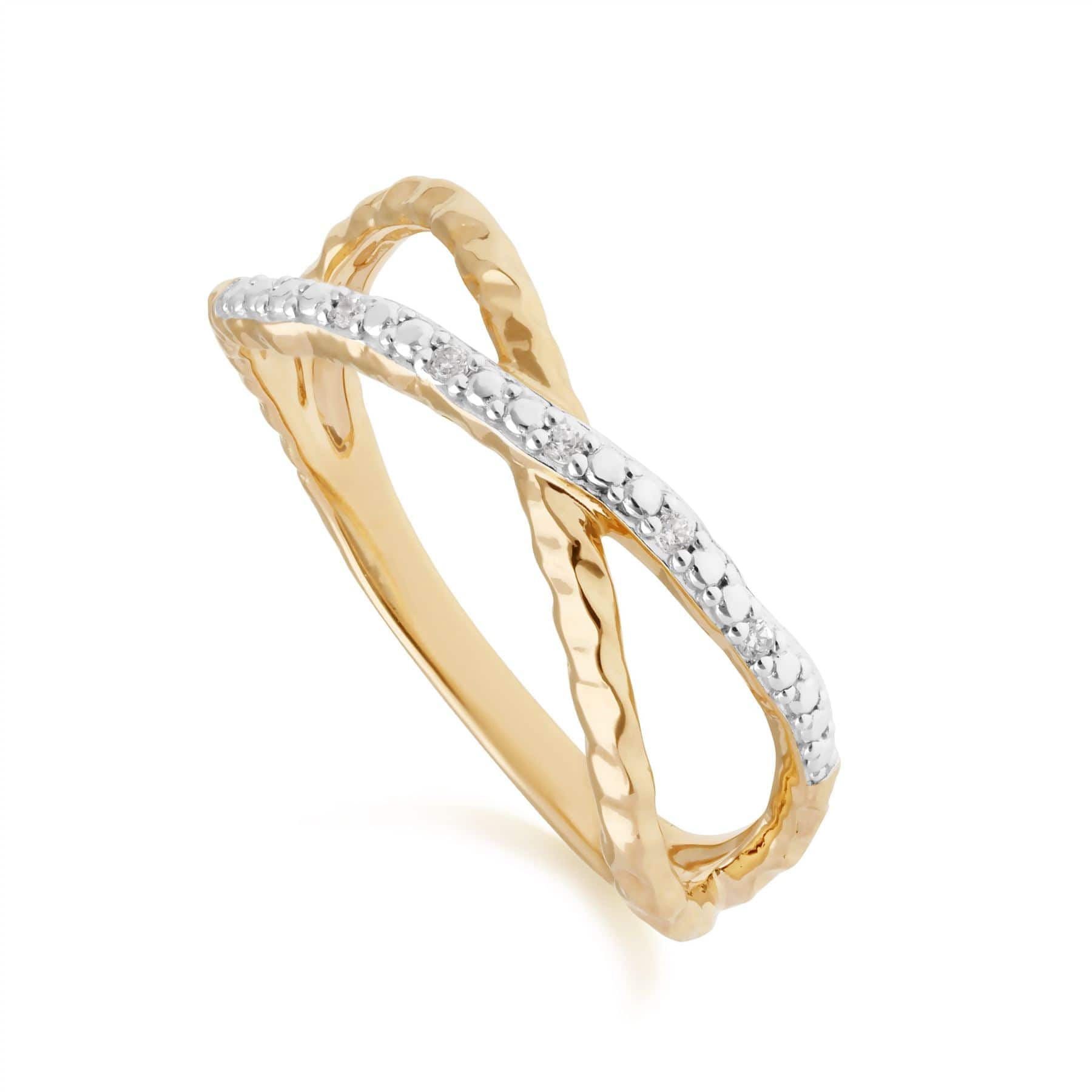 191R0908019 Diamond Pavé Hammered Crossover Ring in 9ct Yellow Gold 1