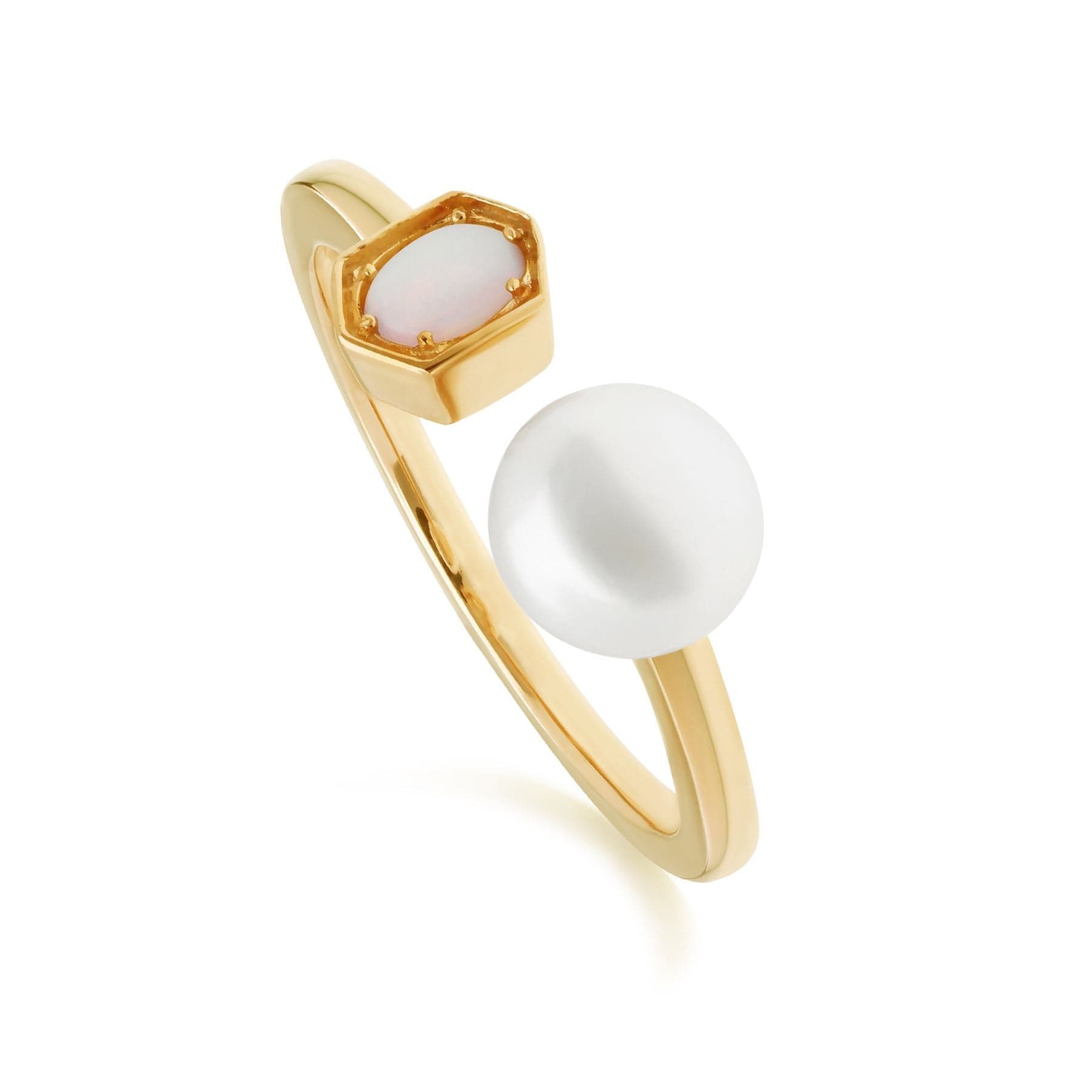270R059001925 Modern Pearl & Opal Open Ring in Gold Plated Silver 1