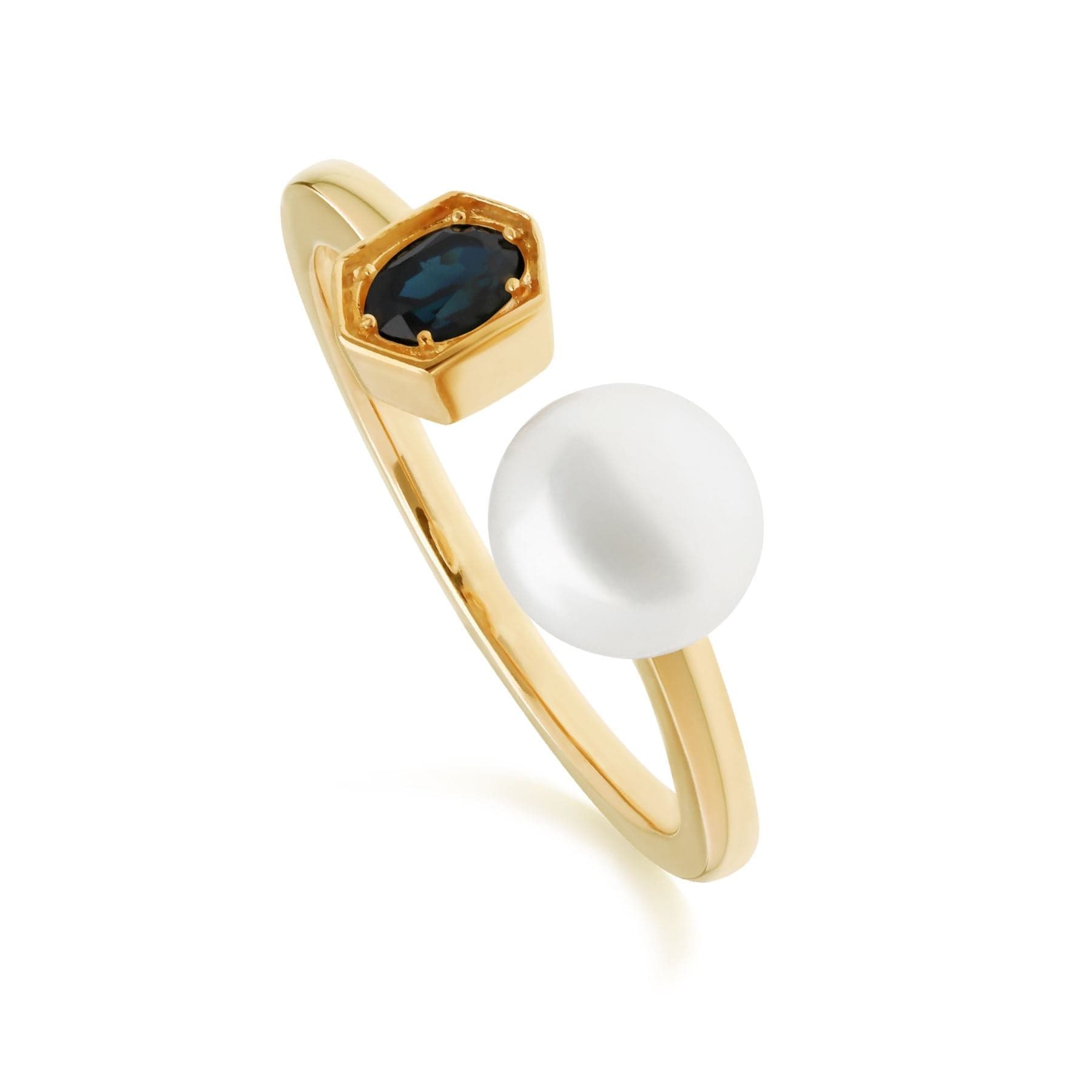270R058701925 Modern Pearl & Sapphire Open Ring in Gold Plated Silver 1