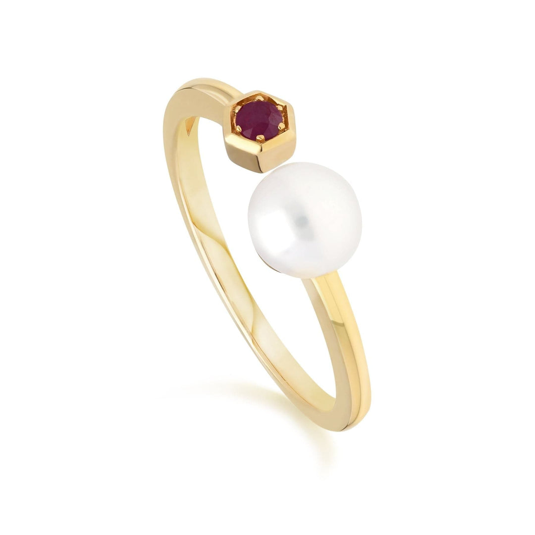 Pearl & Ruby Open Ring 9ct Gold