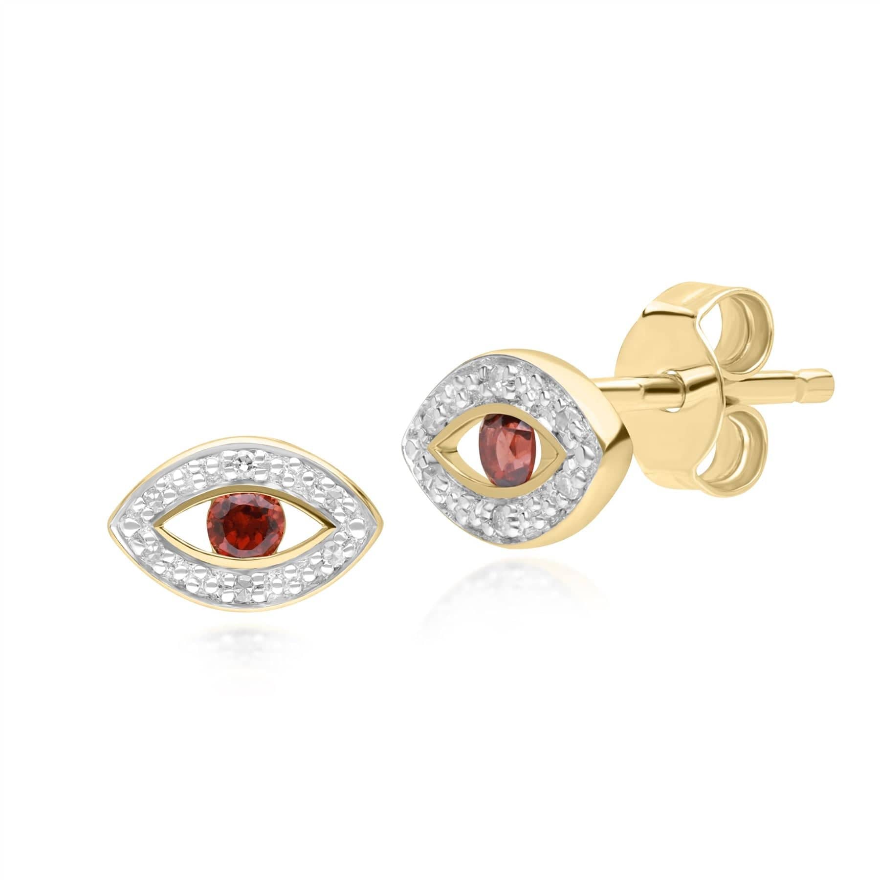 135E1824059 ECFEW™ Dainty Evil Eye Garnet & Diamond Stud Earrings in 9ct Yellow Gold Front
