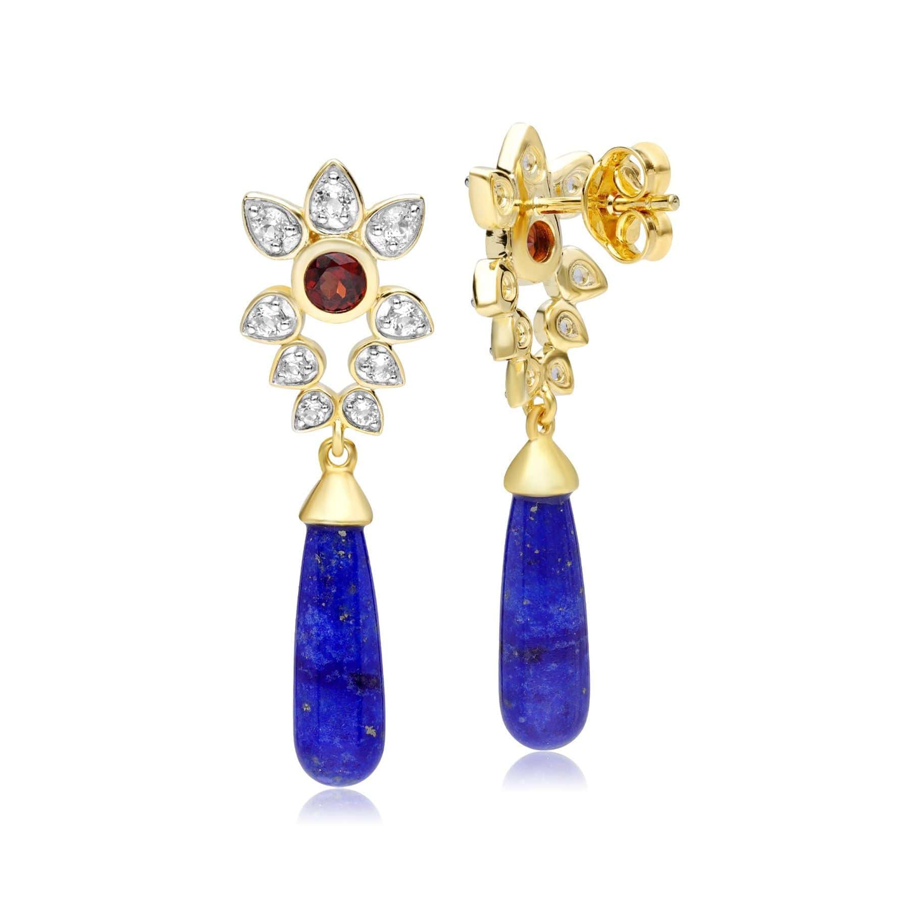 253E337401925 ECFEW™ Creator Lapis Lazuli, White Topaz & Garnet Floral Dangle Drop Earrings In Sterling Silver 2