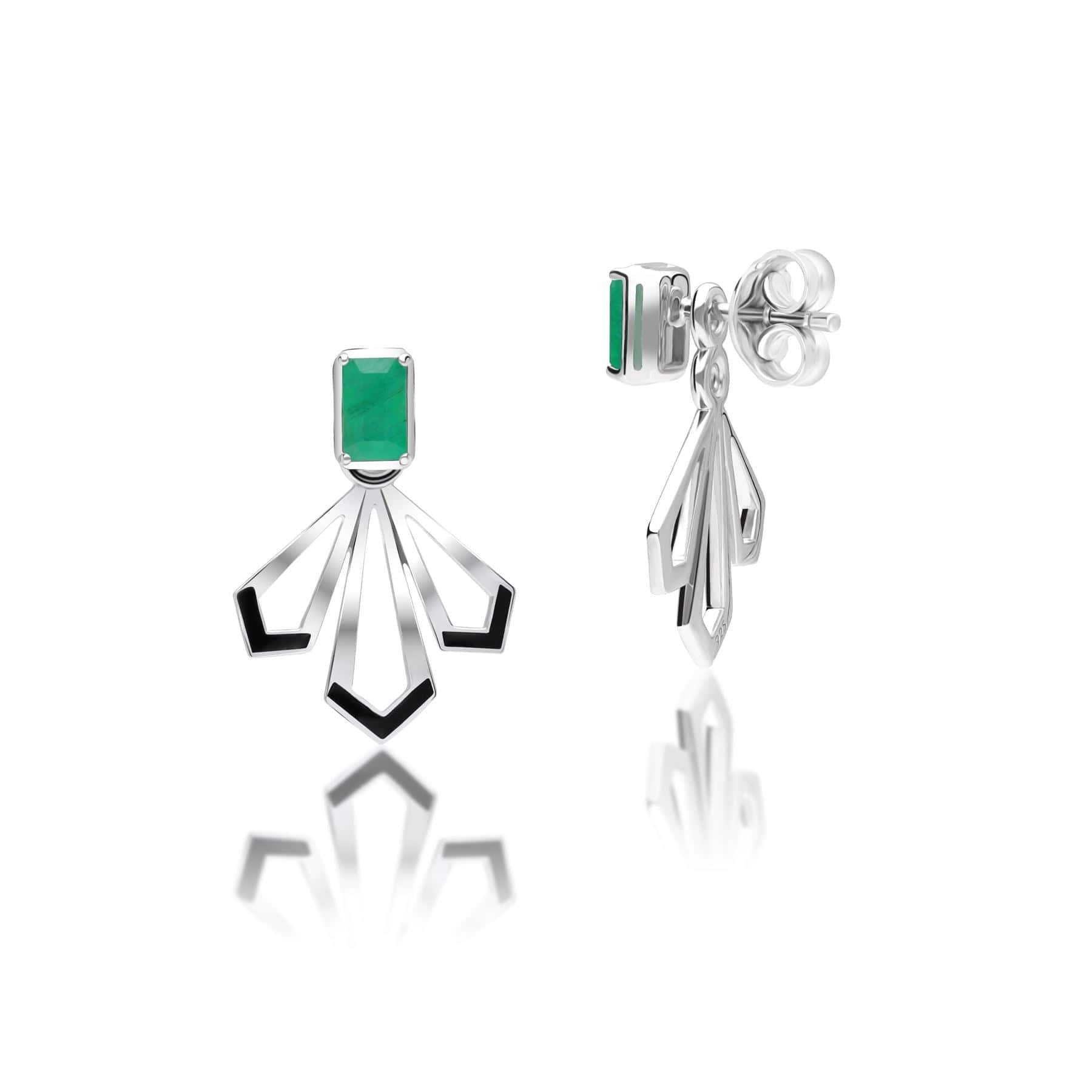 270E036501925 Grand Deco Emerald & Enamel Fan Earrings In Sterling Silver 2