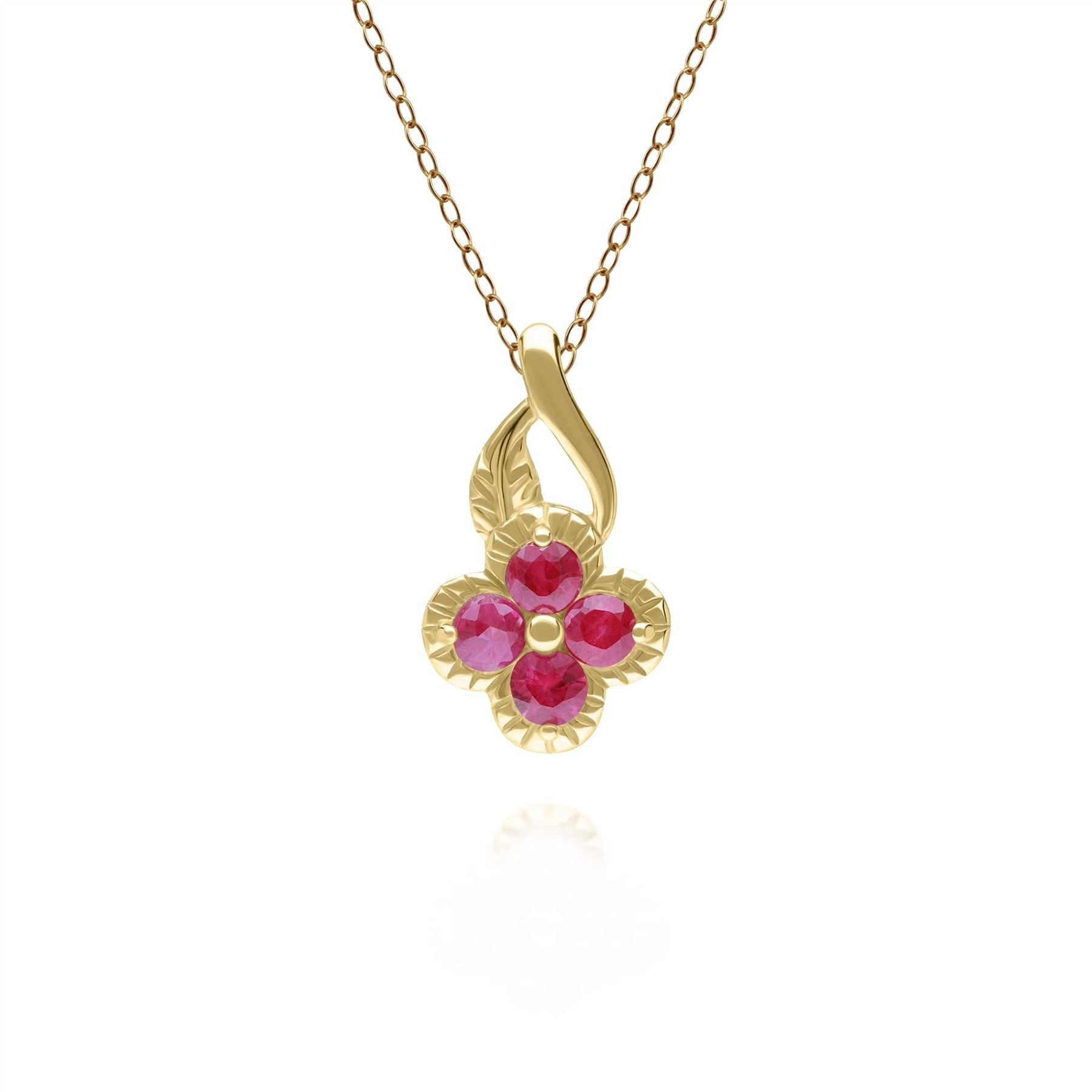 135P2096039 Floral Round Ruby Pendant in 9ct Yellow Gold 1