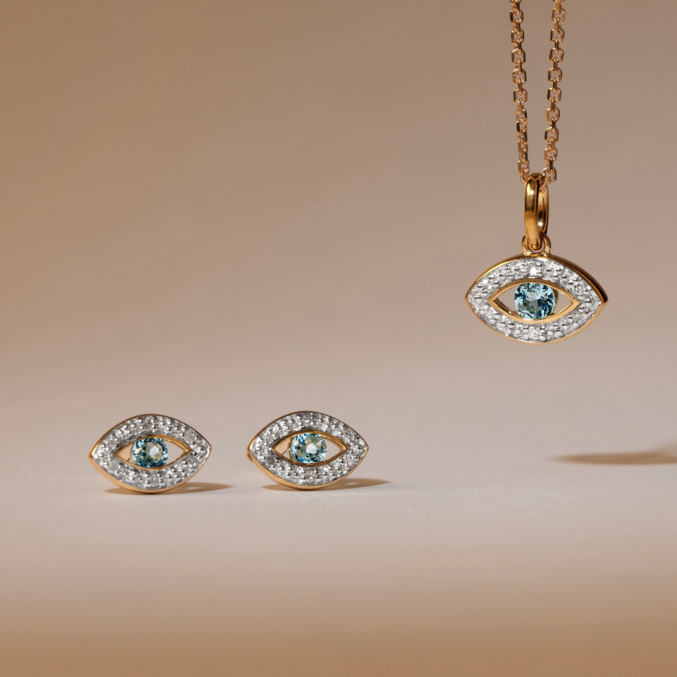 Evil Eye Jewellery Stud Earrings and Necklace with diamonds