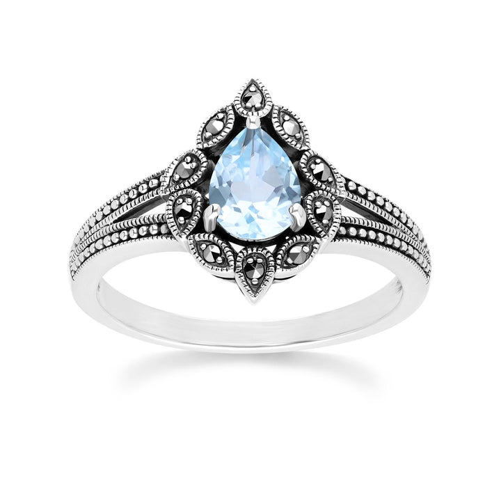 Art Deco Style Pear Blue Topaz & Marcasite Ring in Sterling Silver