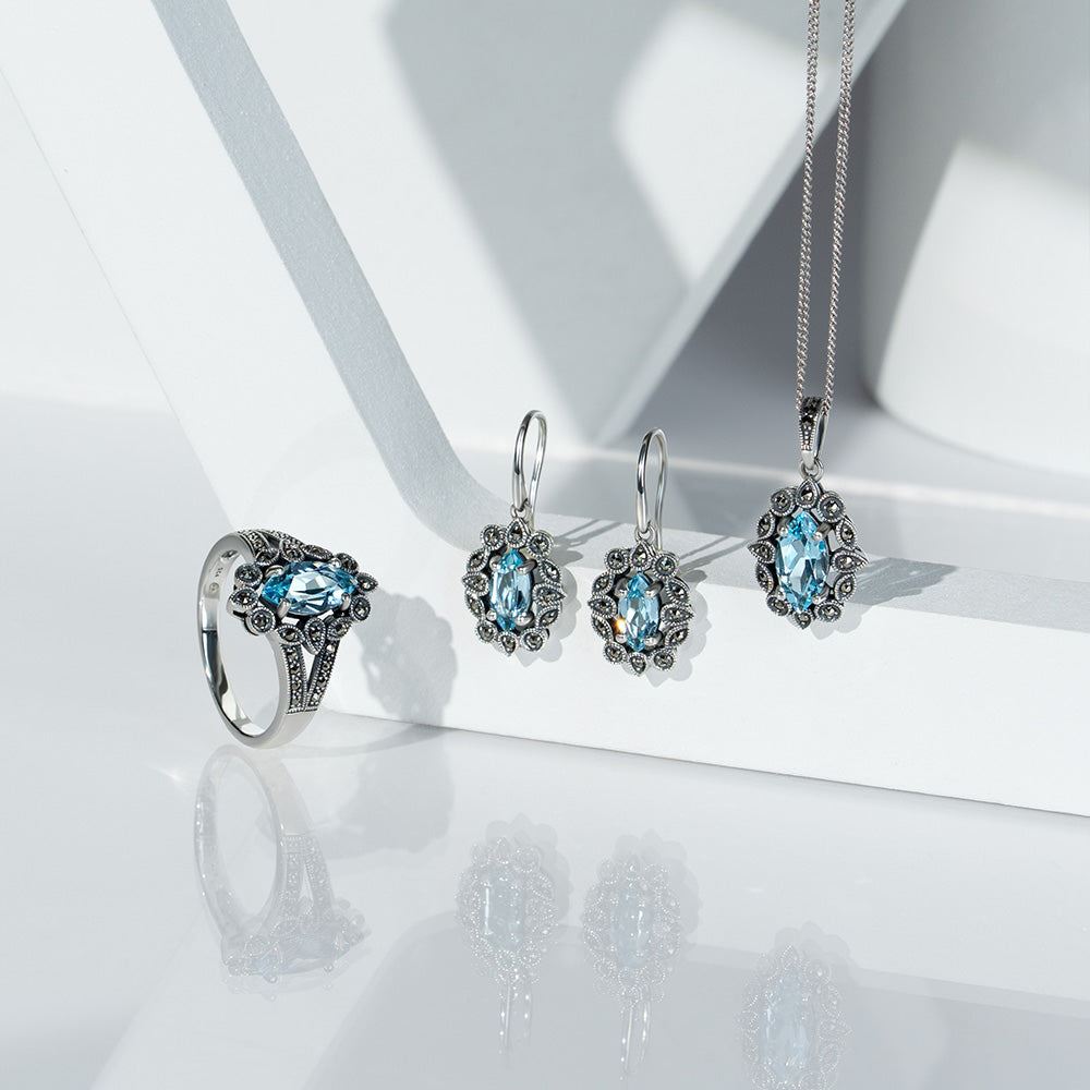 Art Deco Style Marquise Blue Topaz & Marcasite Ring in Sterling Silver