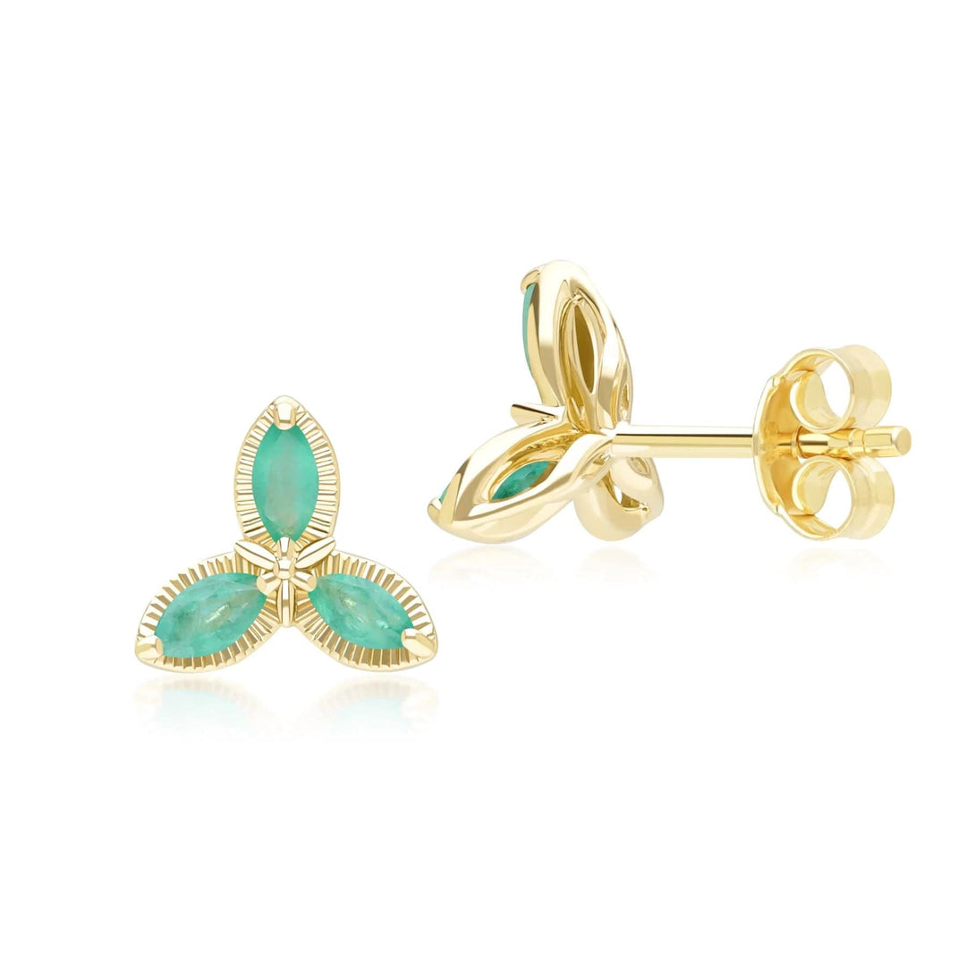 Floral Marquise Emerald Stud Earrings in 9ct Yellow Gold