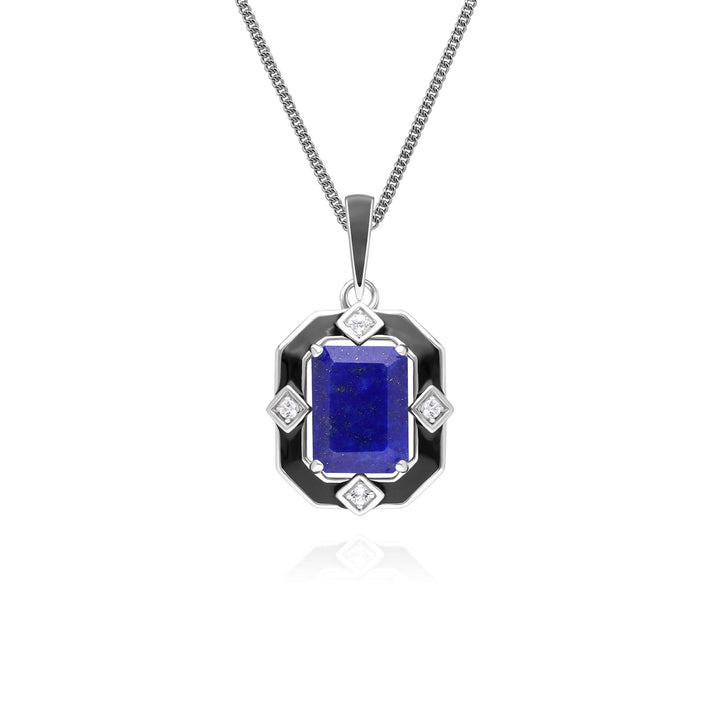 Grand Deco Black Enamel, Lapis Lazuli & Topaz Pendant Necklace in Sterling Silver