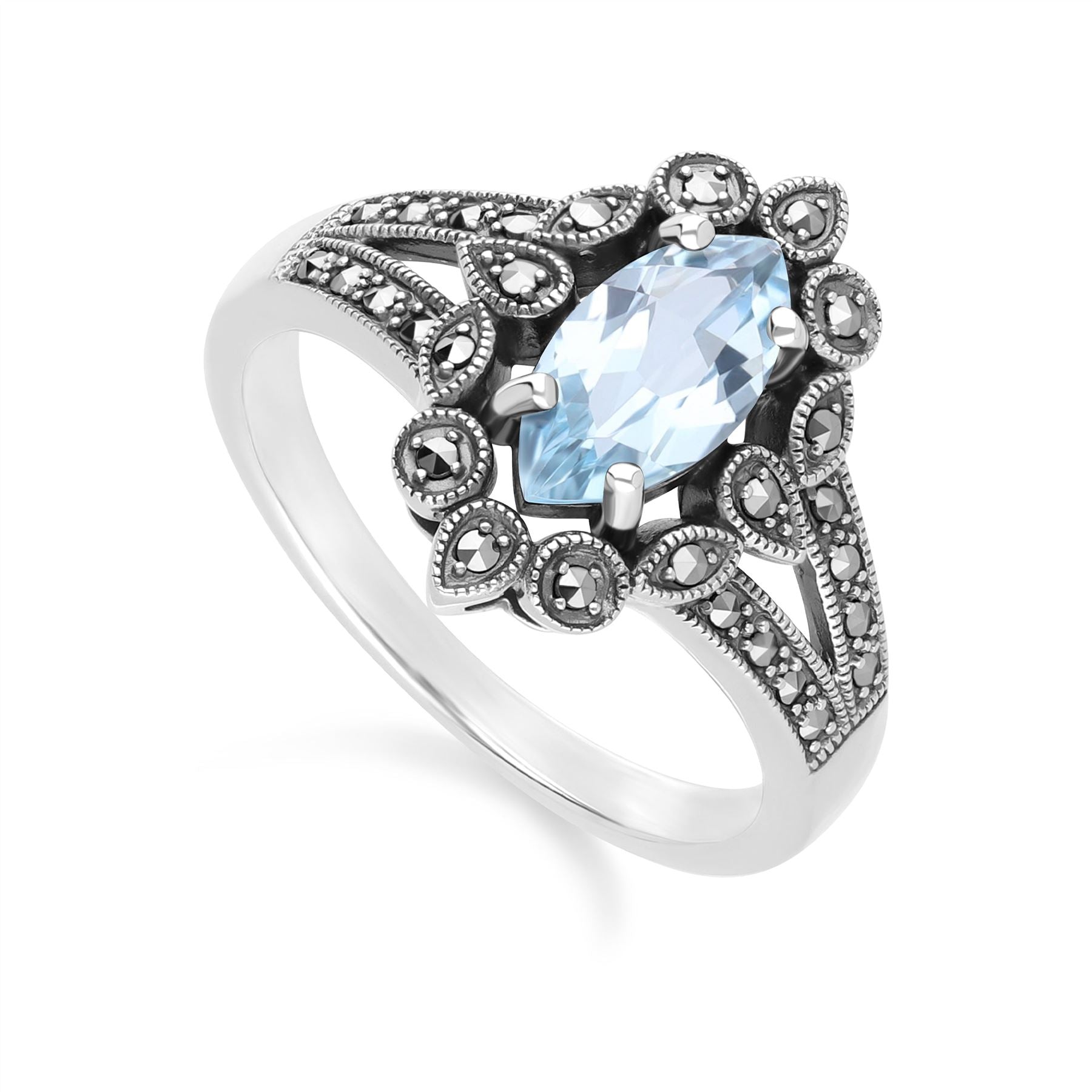 Art Deco Style Marquise Blue Topaz & Marcasite Ring in Sterling Silver