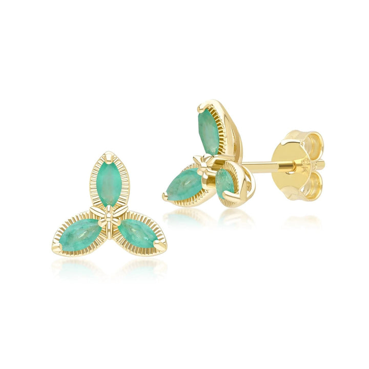 Floral Marquise Emerald Stud Earrings in 9ct Yellow Gold