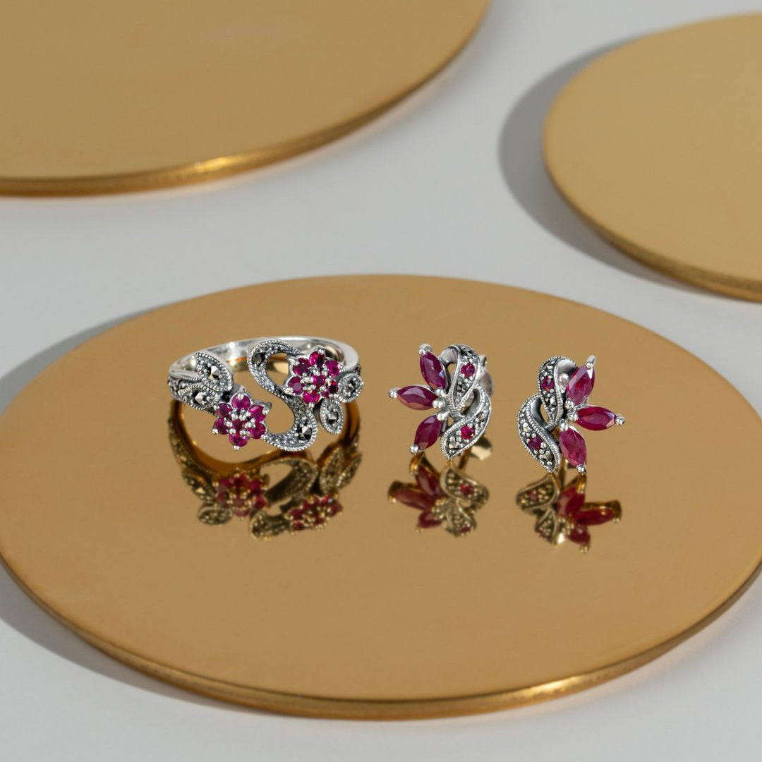 Art Nouveau Style Round Ruby & Marcasite Flower Ring in Sterling Silver