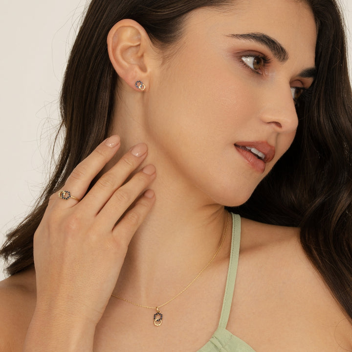 Geometric Hexagon and Round Linked with Prong set Sapphire Stud Earrings in 9ct Yellow Gold