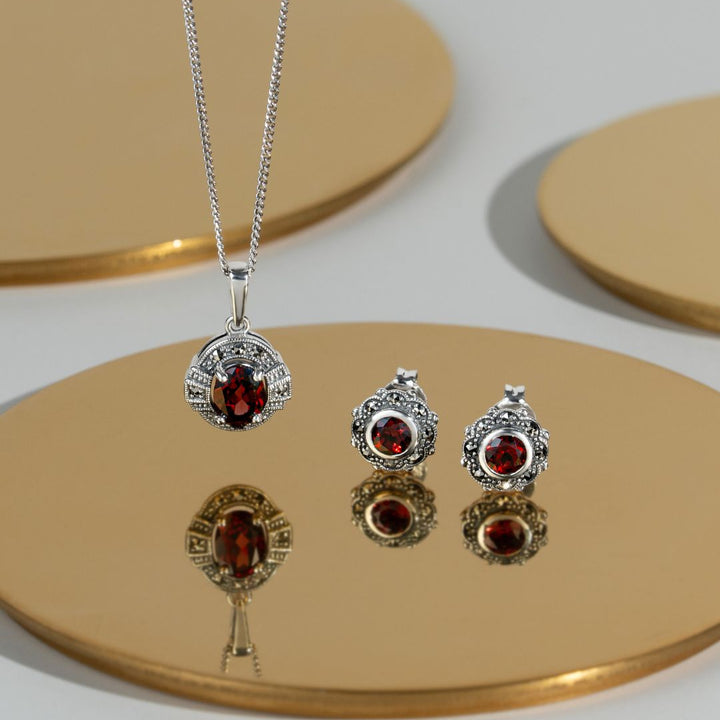 Art Nouveau Style Round Garnet & Marcasite Floral Stud Earrings in 925 Sterling Silver
