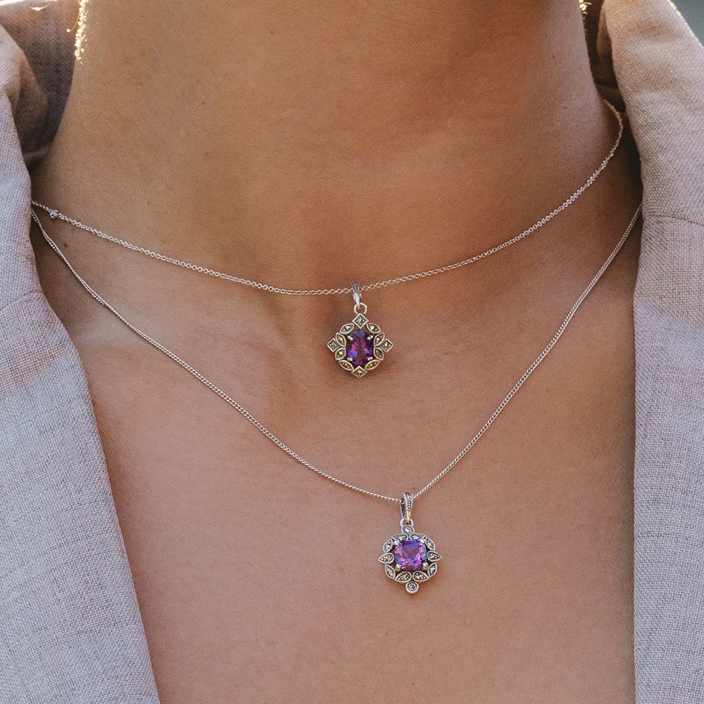 Art Deco Style Oval Amethyst & Marcasite Pendant Necklace in Sterling Silver